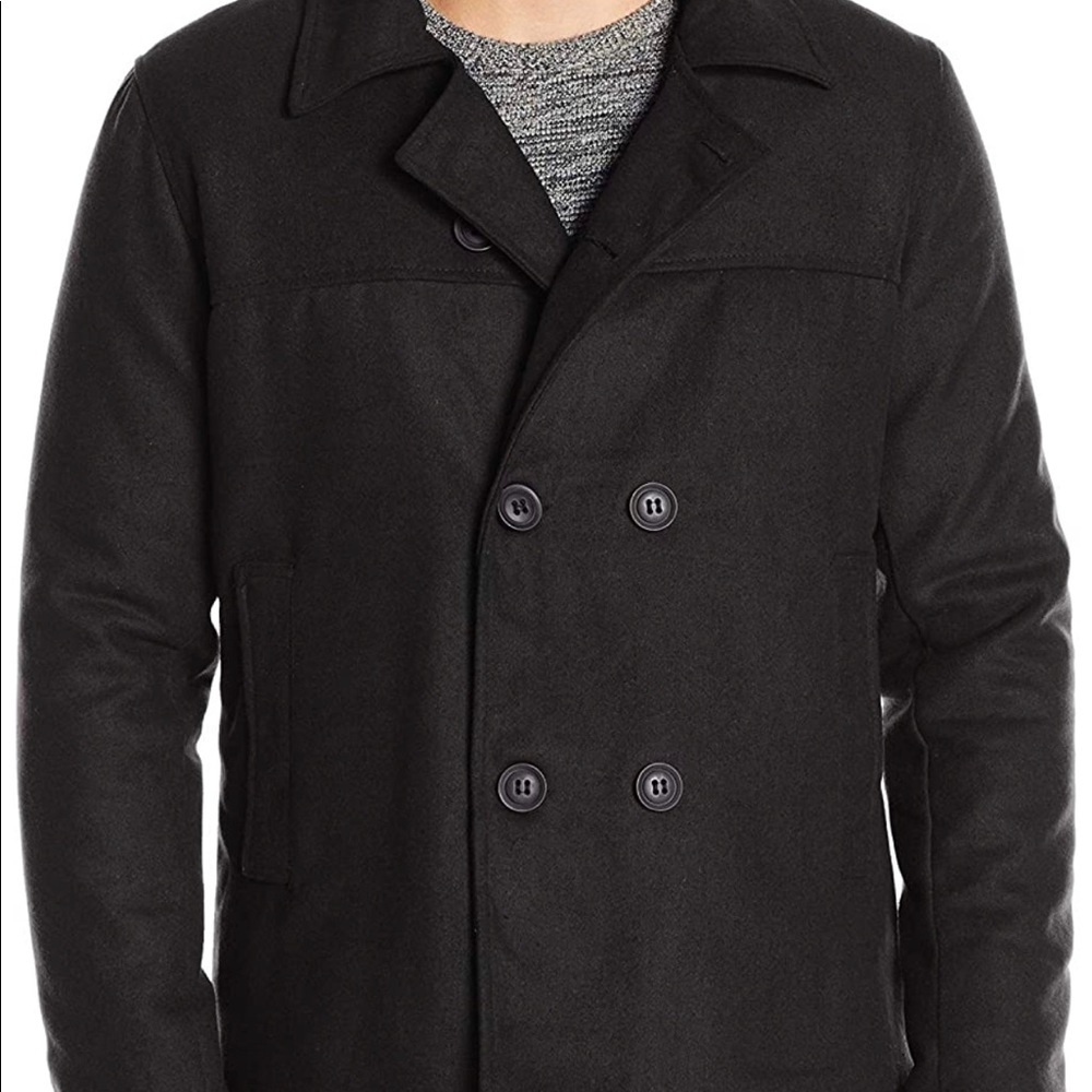 Classic Men's Double Breasted faux wool pea Coat. Black sizes M, L, XL.